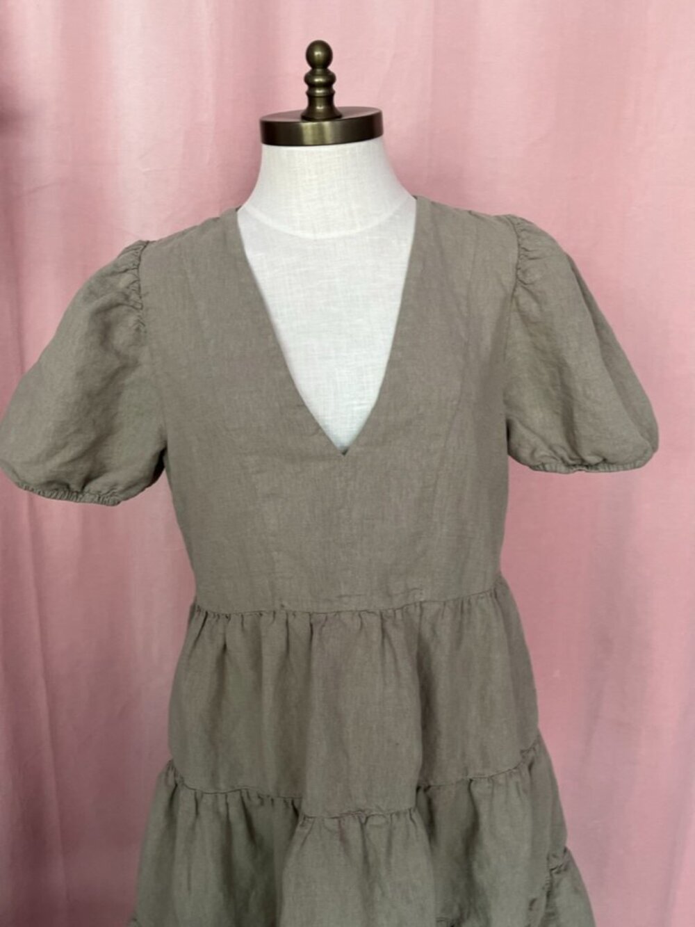 Zara Linen Blend Puff Sleeve Dress Size M Sage Green Tiered Mini Dress - Picture 3 of 6